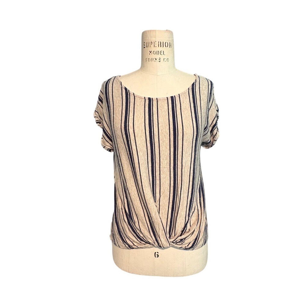 W5 Womens Beige Navy Blue Striped Twist Front Short Sleeve Top Size M  Boho